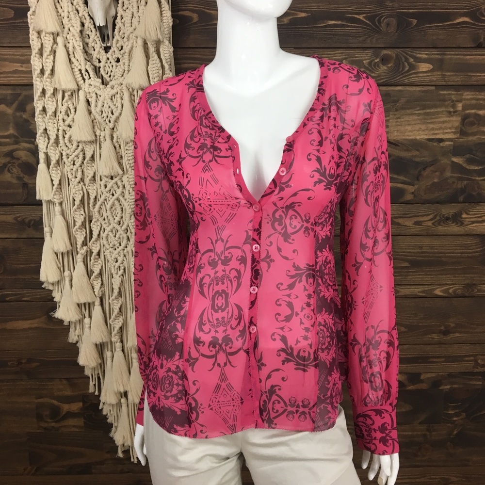 CAbi | Low Button Down‎ Sheer Scroll Design Blouse